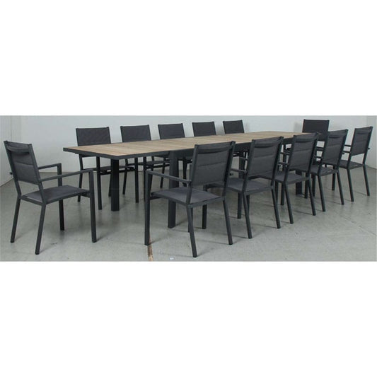 Eclipse Extension Table with Mayfair Padded Sling Chairs 13pce Dining Setting – Gunmetal, Timber Slat