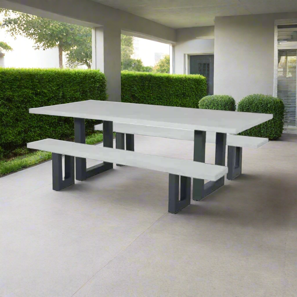 Switch Cement Table with Cement Benches Dining Setting - Gunmetal U Leg